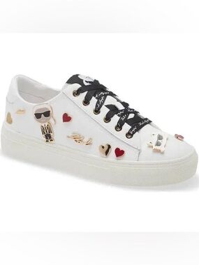 Karl Lagerfeld White Low-Top Charm-Embellished Sneakers with Black Laces, 6.5